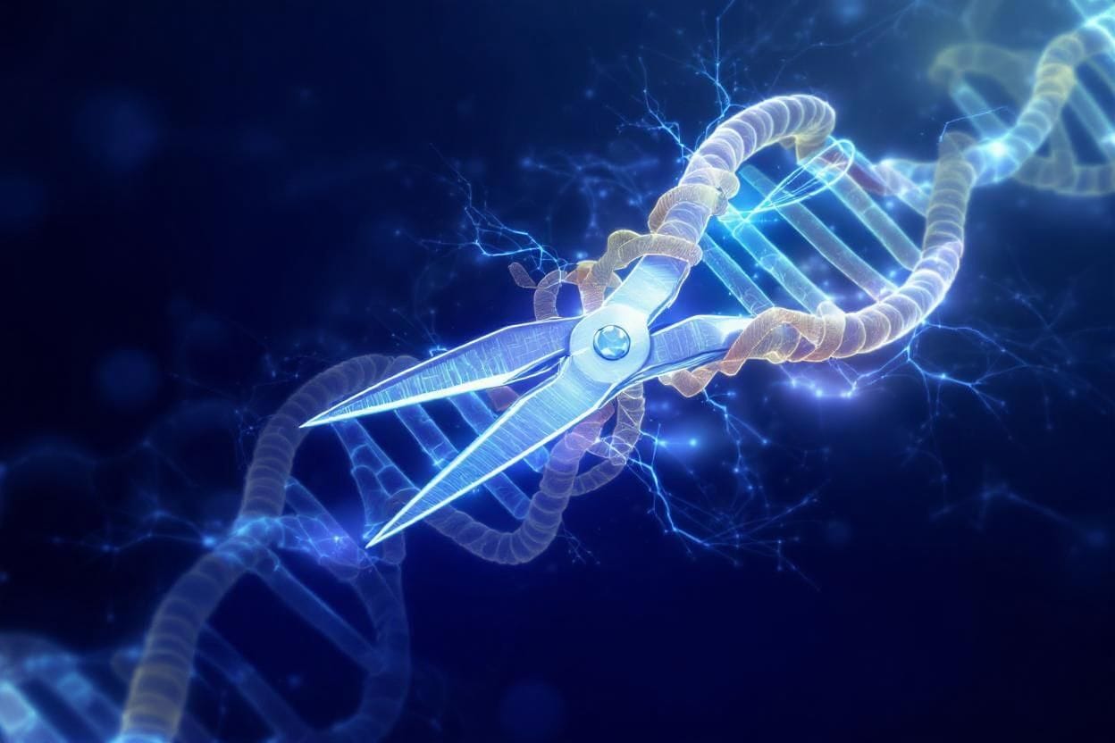 A pair of metal scissors is cutting a glowing DNA double helix strand, symbolizing genetic editing or modification, with a blue, electrified background.