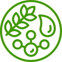 A green circle with a drop, a molecule and a plant inside it as a graphic.