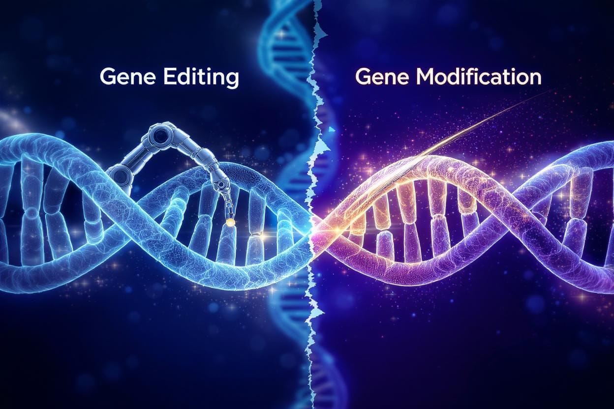 A DNA strand is split down the middle; the left side labeled "Gene Editing" shows robotic tools adjusting the DNA, while the right side labeled "Gene Modification" shows sparkling effects changing the DNA.