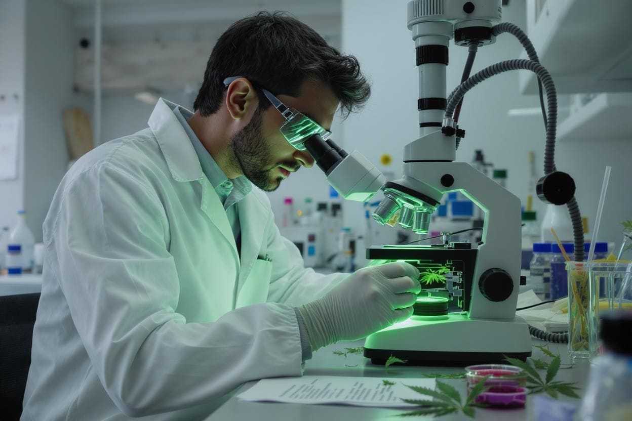A scientist wearing a lab coat, gloves, and protective glasses examines a cannabis leaf under a microscope in a laboratory with green lighting and scientific equipment visible.