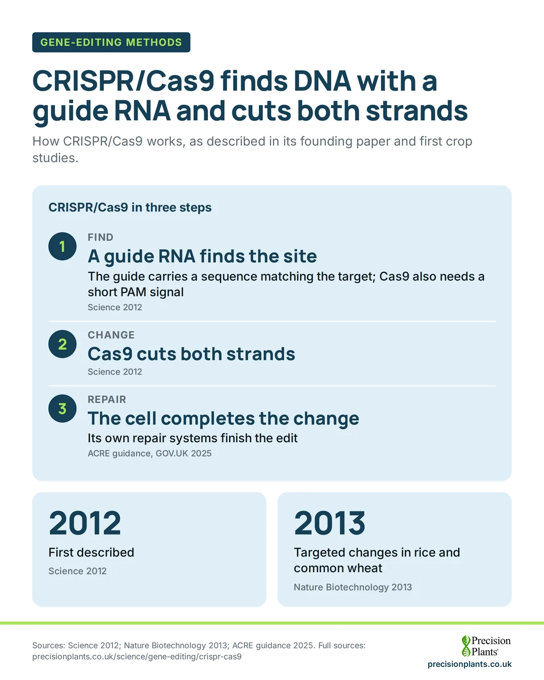 Infographic: CRISPR/Cas9 in 3 steps: a guide RNA finds the site, Cas9 cuts both strands, the cell repairs the break. First described 2012; used in rice and wheat 2013.