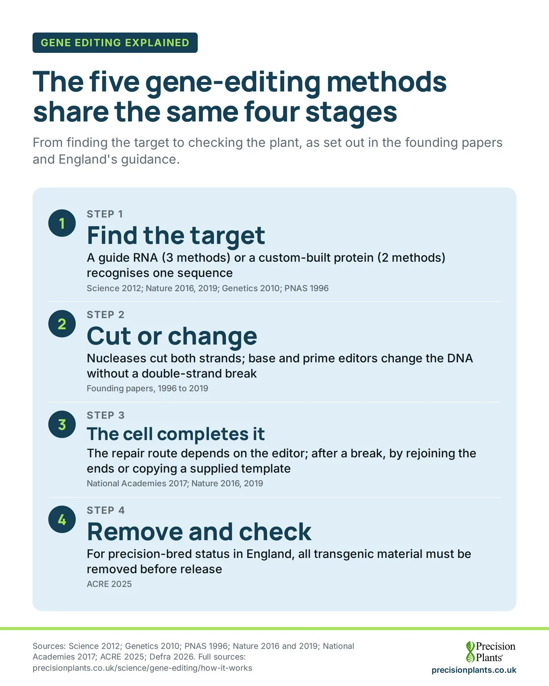 Animation: 4 stages shared by the 5 gene-editing methods: find the target, change the DNA, cell repair completes it, then checks for precision-bred status in England.