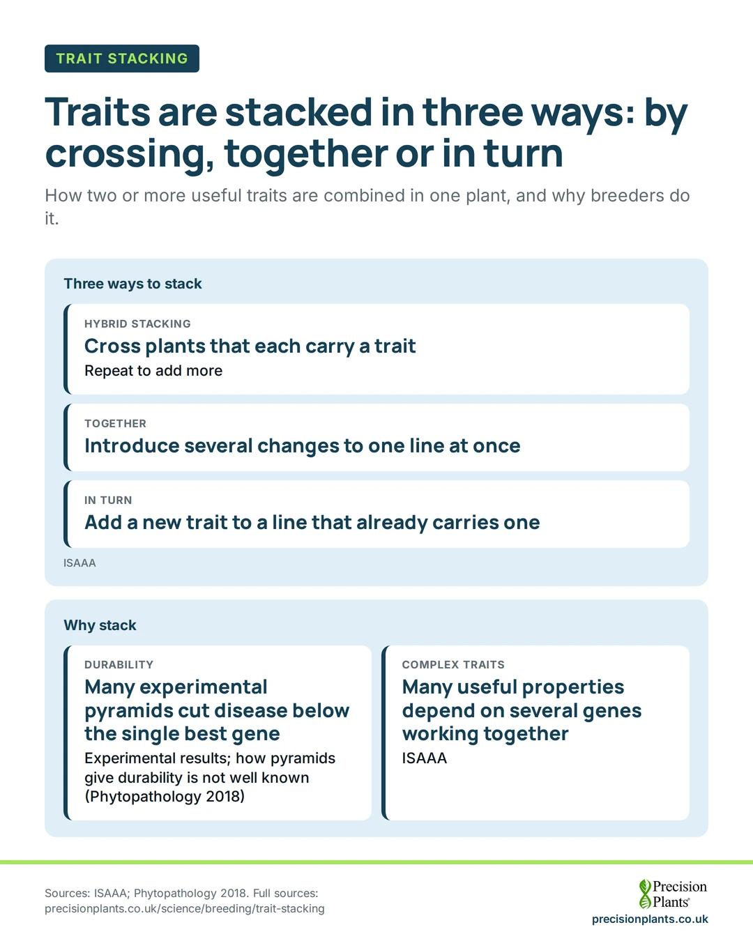 Infographic: 3 ways to stack traits: hybrid stacking by crossing, adding traits together, or in turn. Reasons: durable disease resistance and complex traits.
